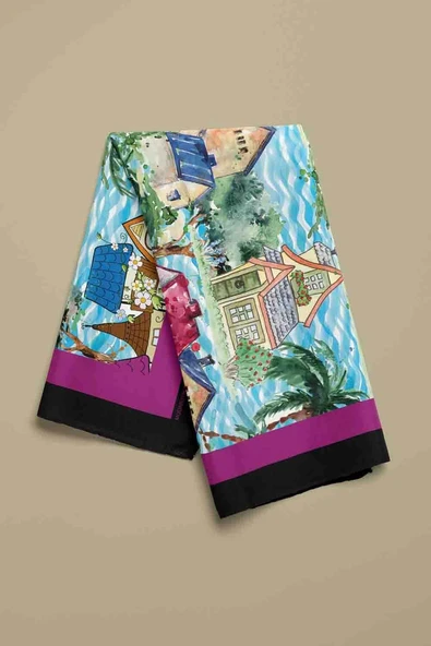 D61 Kadın Mor Açık Mavi Casa Desenli 50x50 Bandana HYL DG01150-22 - Resim 6