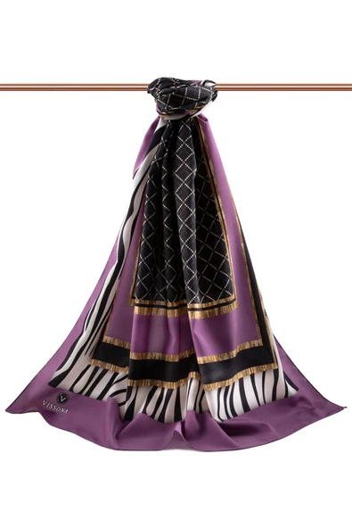 LÜKS MEDİNE ZEBRALI BAKLAVA DESENLİ LİLA RENKLİ 75X195 KIRIŞMAZ ŞAL MOSS KREP DİKİŞ TİPİ İTALYAN DİKİŞLİ - Resim 2