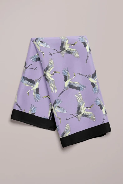 B9  Kadın Lila Stork Desenli 50x50 Bandana HYL DG0877-22 - Resim 4