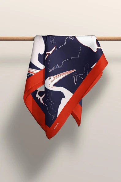 D45 Kadın Kuş Desenli Bandana 50x50 Beyaz Mavi DG0280-22 - Resim 3