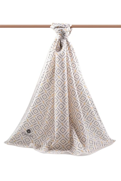 LÜKS MEDİNE İPEĞİ GEOMETRİK DESENLİ KREM RENKLİ 75X195 KIRIŞMAZ ŞAL MOSS KREP DİKİŞ TİPİ İTALYAN DİKİŞLİ - Resim 2