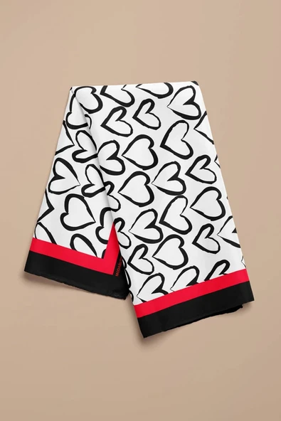B57 Kadın Kırmızı Beyaz Sİyah Heart Desenli 50x50 Bandana - Resim 3