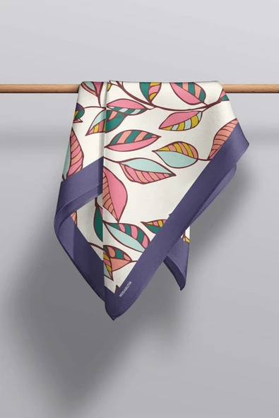 Y49 Kadın Yaprak Desenli Bandana 50x50 Turuncu Beyaz Yeşil DG0452-22 - Resim 5