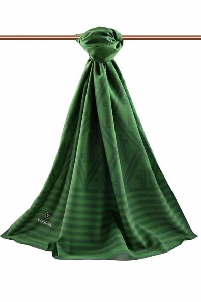 LÜKS MEDİNE MONOGRAM DESENLİ ZÜMRÜT YEŞİLİ RENKLİ 75X195 KIRIŞMAZ ŞAL MOSS KREP DİKİŞ TİPİ İTALYAN DİKİŞLİ - Resim 2