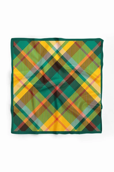 D80 Kadın Ekose Desenli Bandana 50x50 Yeşil Sarı DG0200-22 - Resim 2