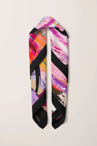 Z18 Kadın Yağlı Boya Desenli Bandana 50x50 Mavi DG0269-22 Snz - Resim 3