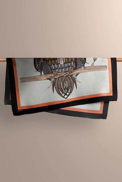 D73 Kadın Krem Ethnic Owl Desenli 50x50 Bandana HYL DG0660-22 - Resim 5