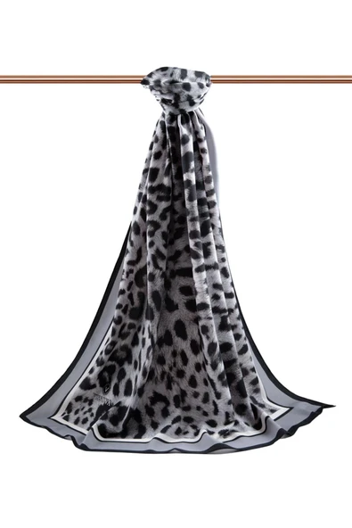 LÜKS MEDİNE İPEĞİ LEOPAR DESENLİ GÜMÜŞ RENKLİ 75X195 KIRIŞMAZ ŞAL MOSS KREP DİKİŞ TİPİ İTALYAN DİKİŞLİ - Resim 2