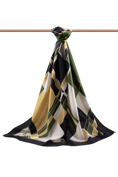 LÜKS MEDİNE İPEĞİ GEOMETRİK DESENLİ HAKİ RENKLİ 75X195 KIRIŞMAZ ŞAL MOSS KREP DİKİŞ TİPİ İTALYAN DİKİŞLİ - Resim 2