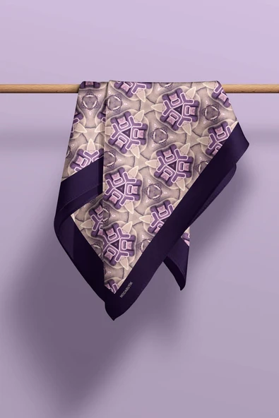 D52 Kadın Geometric Desenli Bandana 50x50 Mor DG0240-22 - Resim 5