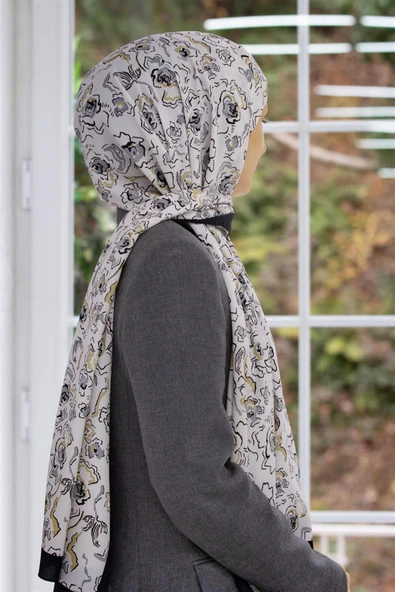 LÜKS MEDİNE İPEĞİ ÇİÇEKLİ GRİ - BEJ MAVİ RENKLİ 75X195 KIRIŞMAZ ŞAL MOSS KREP DİKİŞ TİPİ İTALYAN DİKİŞLİ ürün görseli