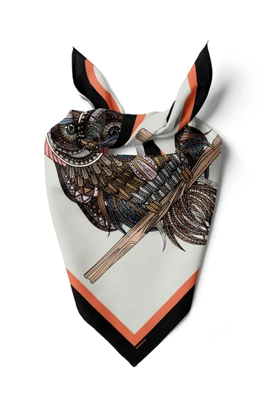 D73 Kadın Krem Ethnic Owl Desenli 50x50 Bandana HYL DG0660-22 ürün görseli