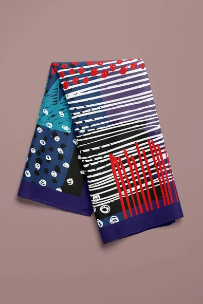 Y18 Kadın Egzotik Desenli Bandana 50x50 Mavi DG0402-22 - Resim 4