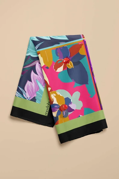 A61 Kadın Turkuaz Mavi Çiçekli Desenli 50x50 Bandana HYL DG01269-22 - Resim 5