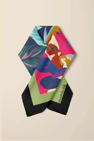 A61 Kadın Turkuaz Mavi Çiçekli Desenli 50x50 Bandana HYL DG01269-22 - Resim 4