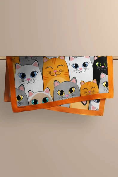 B88 Kadın Kedi Desenli Bandana 50x50 Gri Sarı DG0397-22 - Resim 4