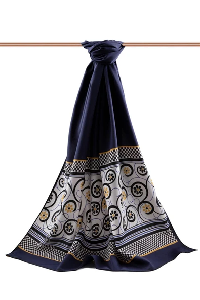 LÜKS MEDİNE İPEĞİ KENAR MOTİFİ ÇİÇEK DESENLİ İNDİGO RENKLİ 75X195 KIRIŞMAZ ŞAL MOSS KREP DİKİŞ TİPİ İTALYAN DİKİŞLİ - Resim 2