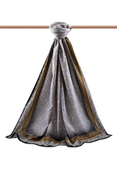 LÜKS MEDİNE İPEĞİ GOLD DETAYLI BAROK DESENLİ GÜMÜŞ RENKLİ 75X195 KIRIŞMAZ ŞAL MOSS KREP DİKİŞ TİPİ İTALYAN DİKİŞLİ - Resim 2