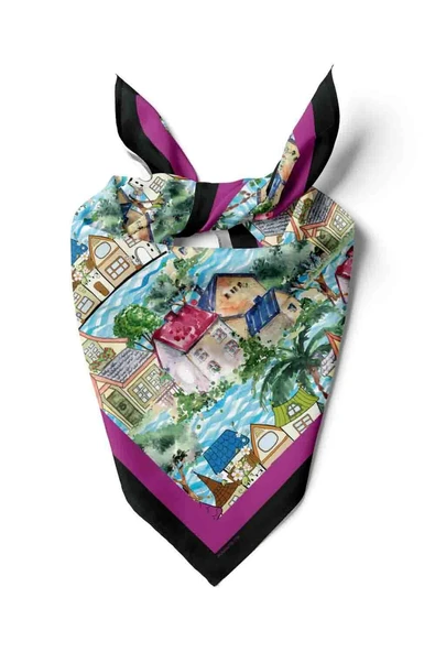 D61 Kadın Mor Açık Mavi Casa Desenli 50x50 Bandana HYL DG01150-22 ürün görseli