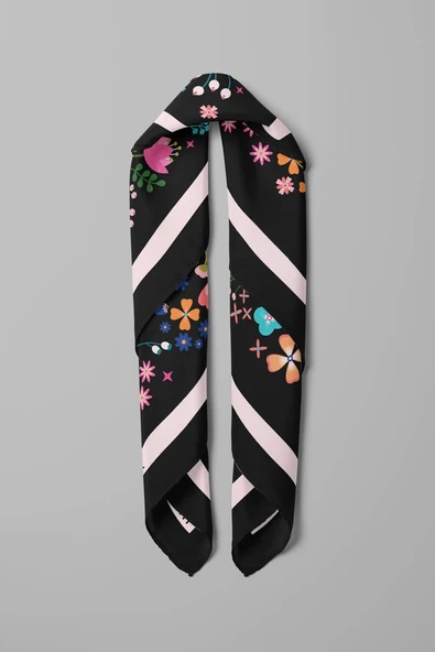 Kadın Siyah Pembe Çiçek Desenli 50x50 Bandana HYL DG01696-22 - Resim 3