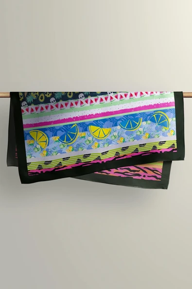 Z25 Kadın Yeşil Meyve Desenli 50x50 Bandana HYL DG01266-22 - Resim 5