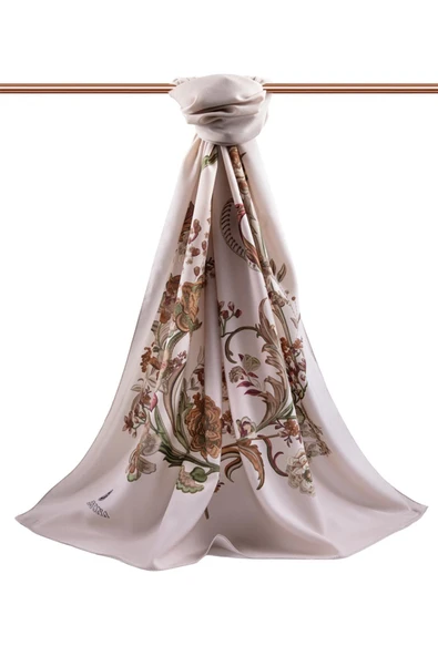 LÜKS MEDİNE İPEĞİ NAKIŞ ÇİÇEK DESENLİ BEJ RENKLİ 75X195 KIRIŞMAZ ŞAL MOSS KREP DİKİŞ TİPİ İTALYAN DİKİŞLİ - Resim 2