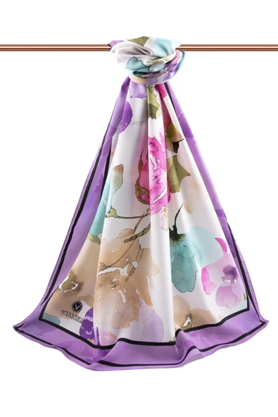 LÜKS MEDİNE İPEĞİ ÇİÇEK DESENLİ BEJ - MOR RENKLİ 75X195 KIRIŞMAZ ŞAL MOSS KREP DİKİŞ TİPİ İTALYAN DİKİŞLİ - Resim 2