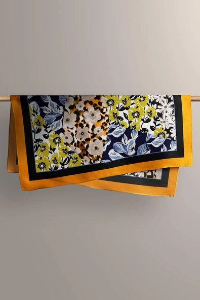 H47 Kadın Sarı Mavi Çiçek Desenli 50x50 Bandana HYL DG01631-22 - Resim 4