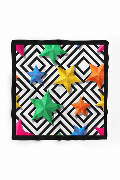 Y68 Kadın Yıldız Desenli Bandana 50x50 Sarı Yeşil DG0343-22 - Resim 2