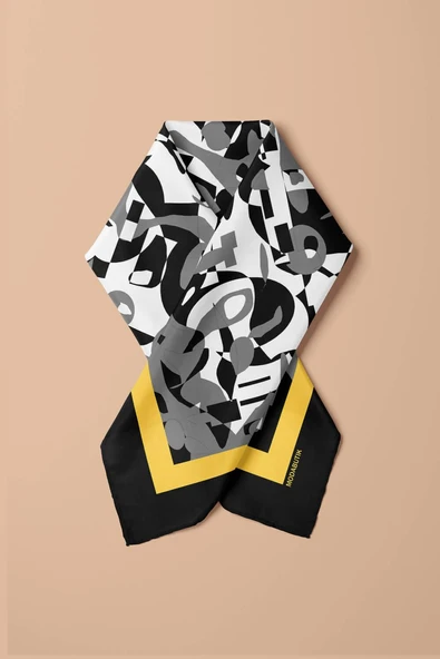 Kadın Siyah Beyaz Complex Desenli 50x50 Bandana HYL DG0976-22 - Resim 3