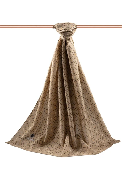 LÜKS MEDİNE İPEĞİ GEOMETRİK DESENLİ BEJ RENKLİ 75X195 KIRIŞMAZ ŞAL MOSS KREP DİKİŞ TİPİ İTALYAN DİKİŞLİ - Resim 2