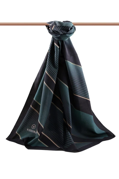 LÜKS MEDİNE İPEĞİ ÇAPRAZ ÇİZGİLİ DESENLİ SİYAH - PETROL YEŞİLİ RENKLİ 75X195 KIRIŞMAZ ŞAL MOSS KREP DİKİŞ TİPİ İTALYAN DİKİŞLİ - Resim 2