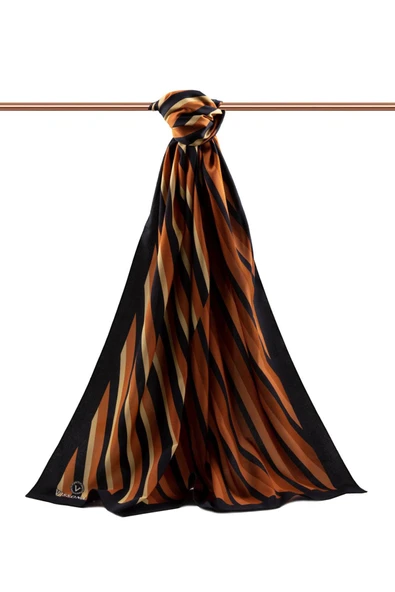 LÜKS MEDİNE İPEĞİ ÇİZGİ DESENLİ TABA RENKLİ 75X195 KIRIŞMAZ ŞAL MOSS KREP DİKİŞ TİPİ İTALYAN DİKİŞLİ - Resim 2