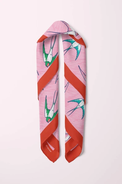 B45 Kadın Kuş Desenli Bandana 50x50 Pembe DG0410-22 - Resim 4