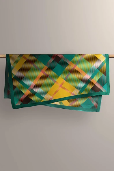 D80 Kadın Ekose Desenli Bandana 50x50 Yeşil Sarı DG0200-22 - Resim 4