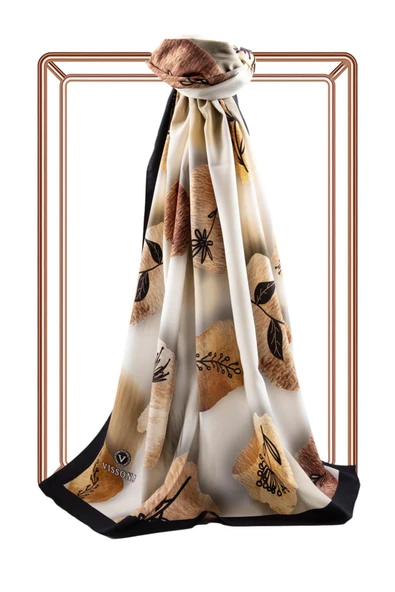 LÜKS MEDİNE İPEĞİ FIRÇA DOKULU ÇİZGİ ÇİÇEK DESENLİ KREM - TABA RENKLİ 75X195 KIRIŞMAZ ŞAL MOSS KREP DİKİŞ TİPİ İTALYAN DİKİŞLİ - Resim 2