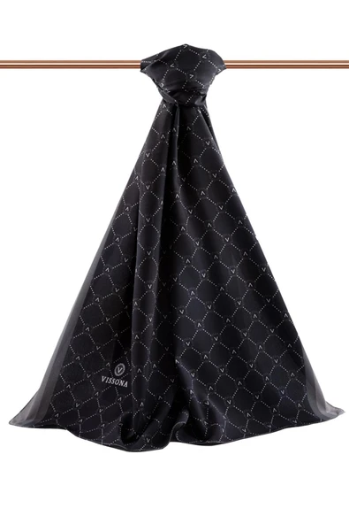 LÜKS MEDİNE İPEĞİ MONOGRAM DESENLİ SİYAH RENKLİ 75X195 KIRIŞMAZ ŞAL MOSS KREP DİKİŞ TİPİ İTALYAN DİKİŞLİ - Resim 2