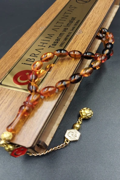 Sarı Siyah Arpa Kesim Ateş Kehribar Tespih (AHŞAP KUTULU) - Resim 3