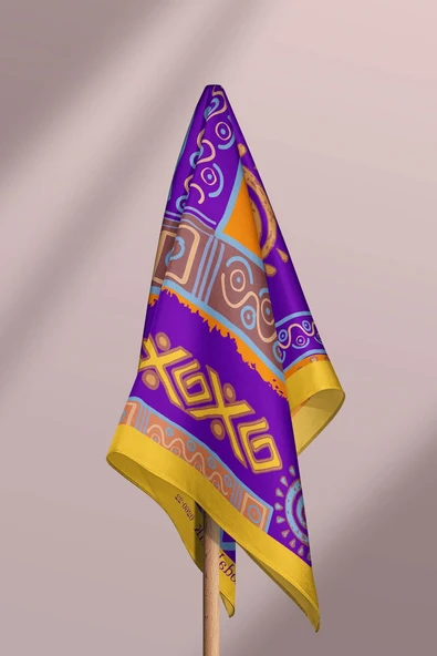 B83 Kadın Etnik Desenli Bandana 50x50 Mor DG0260-22 Snz - Resim 6