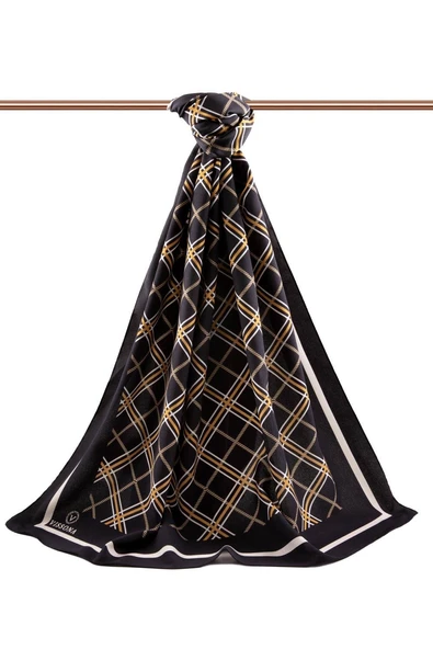 LÜKS MEDİNE İPEĞİ EKOSE DESENLİ SİYAH - SİYAH RENKLİ 75X195 KIRIŞMAZ ŞAL MOSS KREP DİKİŞ TİPİ İTALYAN DİKİŞLİ - Resim 2