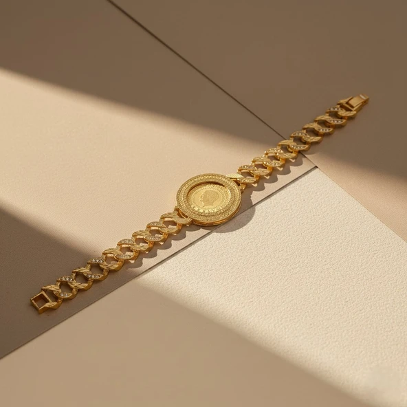 Altın Kaplama İmitasyon Zirkon Taşlı Desenli Yarım Altınlı Zincir Bileklik BLK-1205 - Resim 4