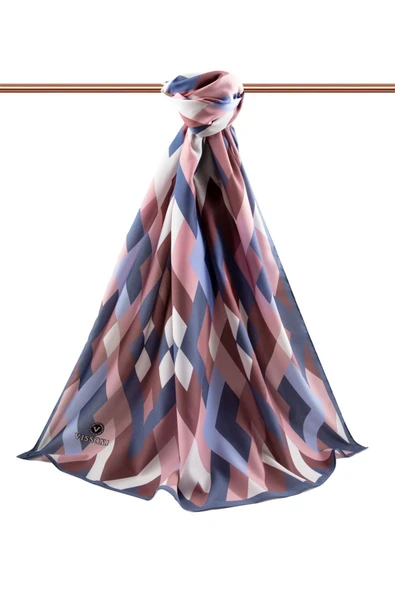 LÜKS MEDİNE İPEĞİ GEOMETRİK DESENLİ PUDRA - İNDİGO RENKLİ 75X195 KIRIŞMAZ ŞAL MOSS KREP DİKİŞ TİPİ İTALYAN DİKİŞLİ - Resim 2