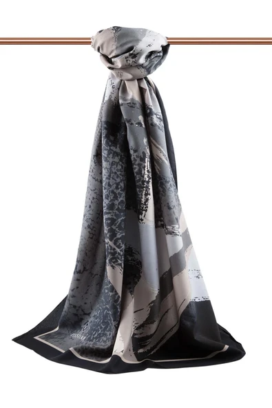 LÜKS MEDİNE İPEĞİ LEOPAR DESENLİ SİYAH - GRİ RENKLİ 75X195 KIRIŞMAZ ŞAL MOSS KREP DİKİŞ TİPİ İTALYAN DİKİŞLİ - Resim 2