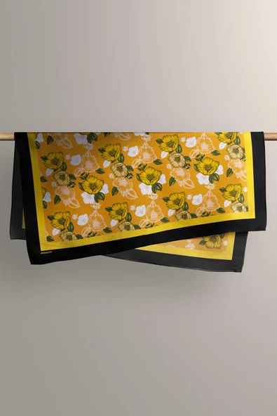 C98 Kadın Kavuniçi Sarı Sevda Desenli 50x50 Bandana HYL DG0993-22 - Resim 6