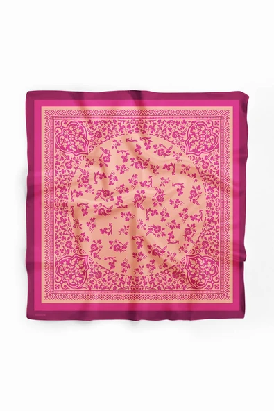 E110 Kadın Vintage Desenli Bandana 50x50 Pembe DG0206-22 Snz - Resim 2