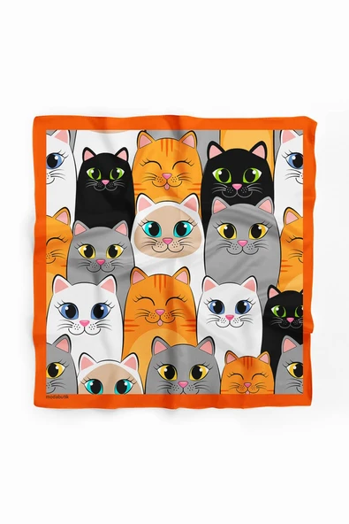 B88 Kadın Kedi Desenli Bandana 50x50 Gri Sarı DG0397-22 - Resim 2