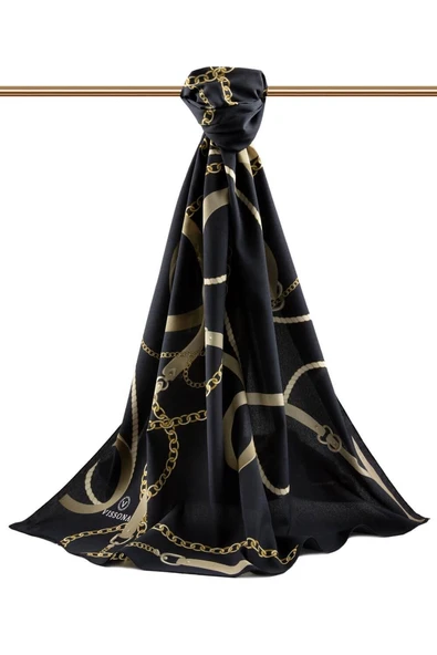 LÜKS MEDİNE İPEĞİ ZİNCİRLİ KEMER DESENLİ SİYAH RENKLİ 75X195 KIRIŞMAZ ŞAL MOSS KREP DİKİŞ TİPİ İTALYAN DİKİŞLİ - Resim 2