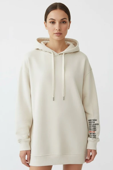 Kadın Jennifer Kapşonlu Kol Yazılı Üç İp Şardonlu Sweatshirt Ekru - Resim 2