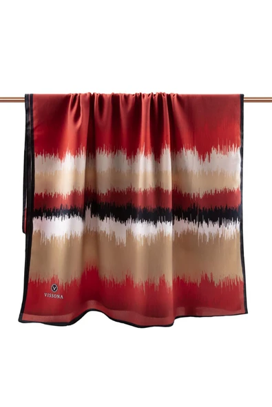 LÜKS MEDİNE İPEĞİ FREKANS  DESENLİ BORDO RENKLİ 75X195 KIRIŞMAZ ŞAL MOSS KREP DİKİŞ TİPİ İTALYAN DİKİŞLİ - Resim 2