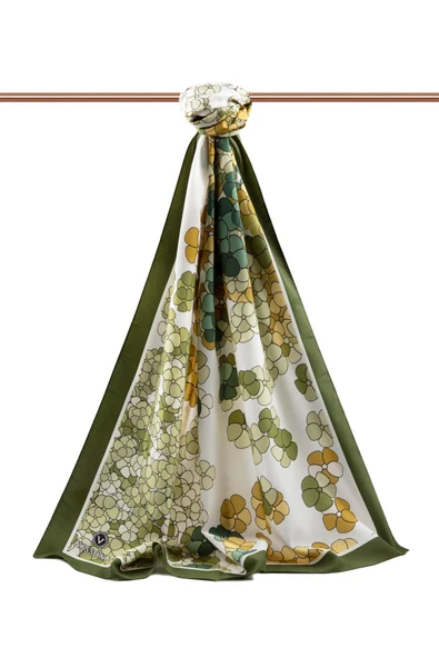 LÜKS MEDİNE İPEĞİ YONCA DESENLİ HAKİ RENKLİ 75X195 KIRIŞMAZ ŞAL MOSS KREP DİKİŞ TİPİ İTALYAN DİKİŞLİ - Resim 2